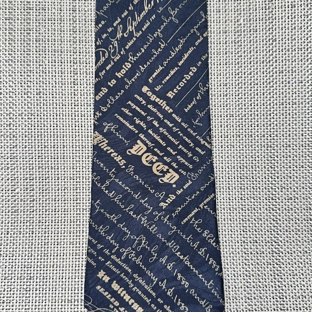 Museum Artifacts Navy Ivory Cursive Print Textured Silk Tie